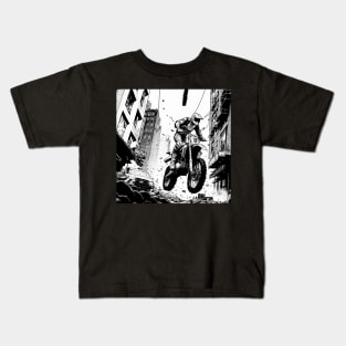 Dirt bike jump in city ruin - black and white Kids T-Shirt